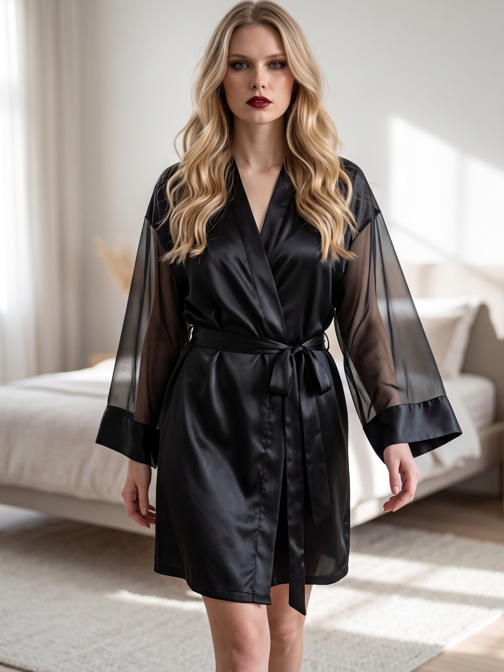 Victoria's Secret Black Satin Robe with Sheer Sleeves